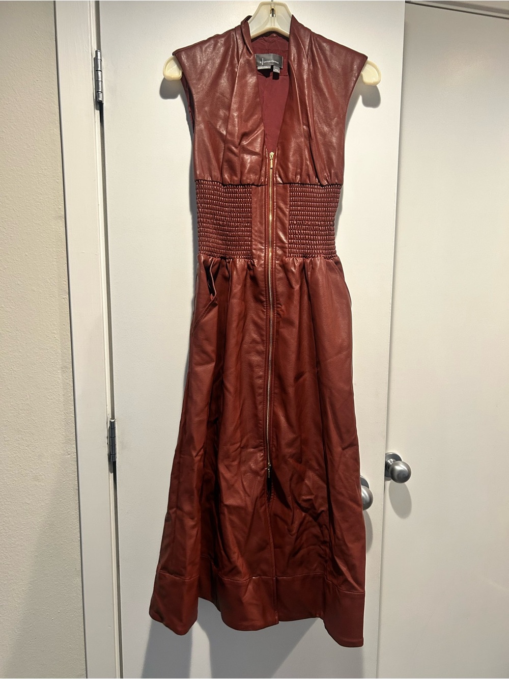 Anthropologie Sleeveless Faux Leather Maxi Dress in Rust Brown